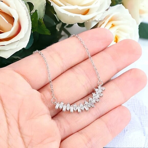 NWT 14K White Gold Plated CZ Curved Arc Center Cluster Necklace 16” Women's - Picture 7 of 12